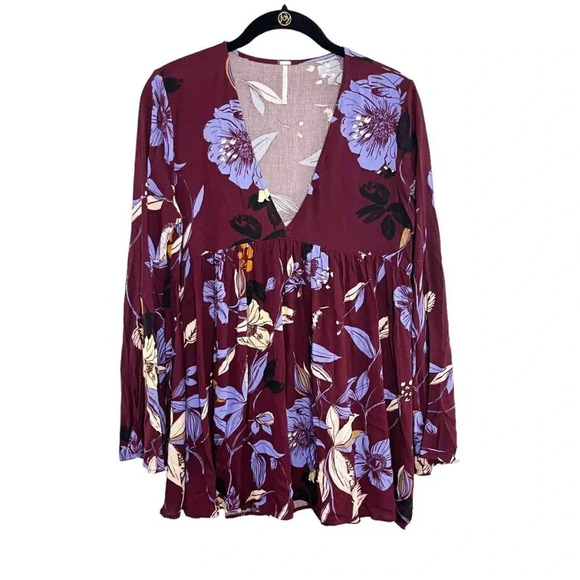 Free People Wine Floral Bell Sleeve Boho V Neck Babydoll Blouse Women's Size XS - Picture 1 of 9